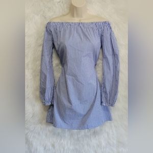 iris stripe off shoulder runched dress blue white small